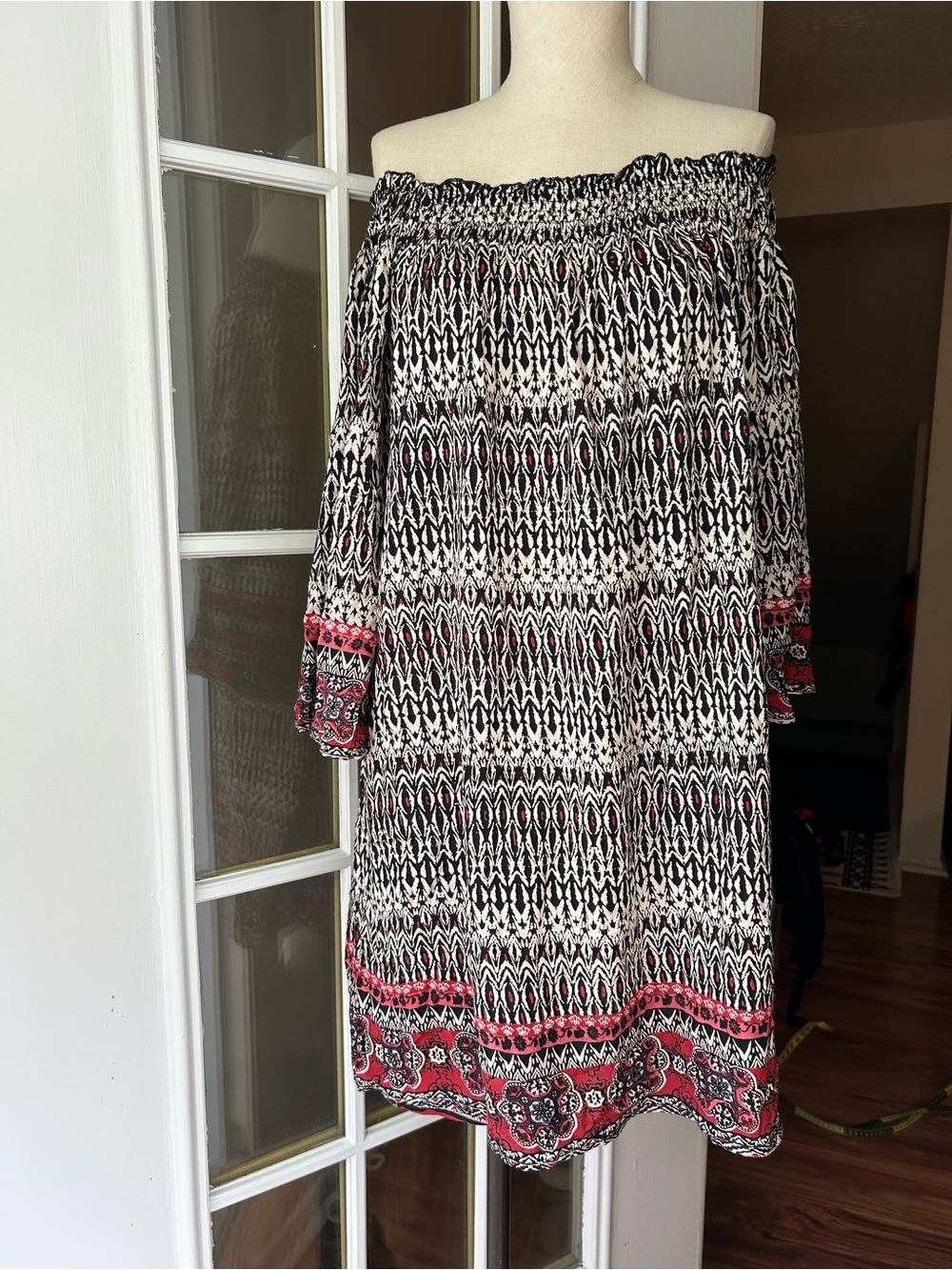 Angie black bohemian print off the shoulder dress. Small.